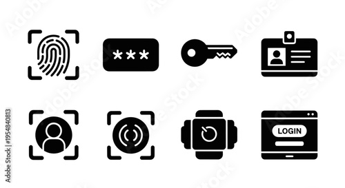 Security Icons: Fingerprint, Password, Key, ID, Face, Iris, Smartwatch, Login