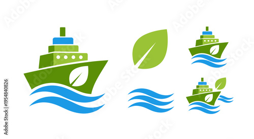 Eco-friendly green ship sailing on blue waves with leaf symbol.