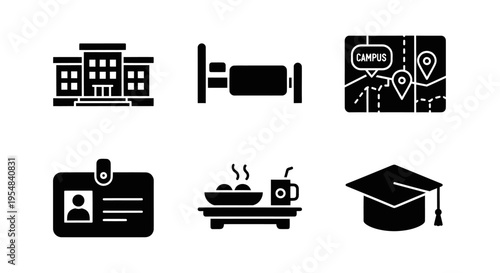 Student Life Icons: Campus, Dorm, Map, ID, Food, Graduation Cap