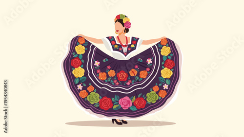 Graceful woman wearing a traditional Mexican dress with vibrant floral embroidery performing a cultural folk dance performance.