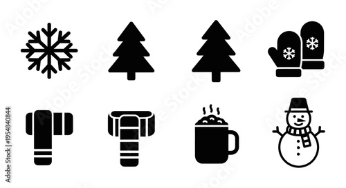Winter Icons Set: Snowflake, Trees, Mittens, Scarf, Hot Drink, Snowman
