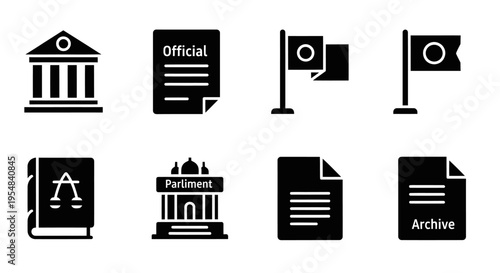 Government and Law Icons: Courthouse, Document, Flags, Book, Parliament