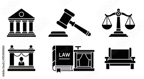 Law and justice icons: courthouse, gavel, scales, courtroom, law book, judge's bench