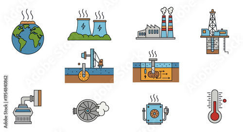 Industrial Energy Production and Environmental Impact Flat Line Icons Set.