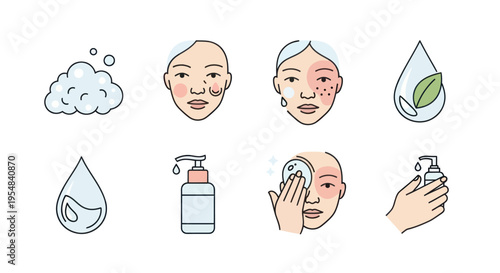 Skincare Routine Icons: Cleansing Treatment and Hydration for Healthy Skin.