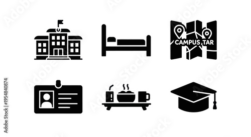 University Campus Life Icons: Education, Dorm, Map, ID, Food, Graduation Cap