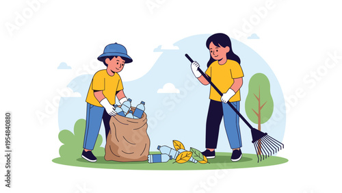 Two young volunteers working together to clean a local park by raking fallen leaves and collecting plastic bottle waste.