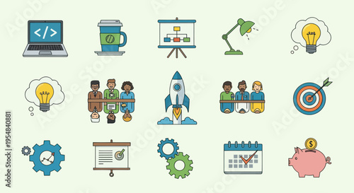 Colorful business startup and technology flat line icons set.