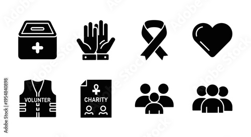 Charity and Volunteering Icons: Donation Box, Helping Hands, Ribbon, Heart, Vest