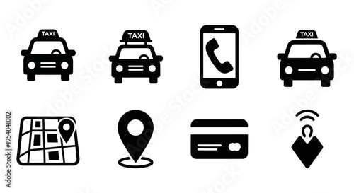 Taxi Icons: Car, Smartphone, Map, Credit Card, Location Pin, GPS