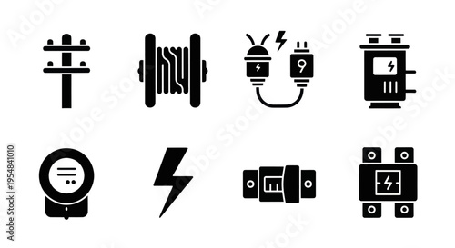 Electricity Icons: Power pole, cable reel, plug, transformer, meter, lightning bolt, fuse, breaker