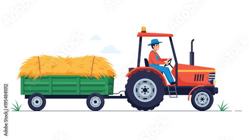 Farmer driving a red tractor pulling a green trailer loaded with golden hay across a rural field under a clear sky.