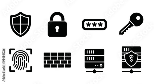 Cybersecurity Icons: Shield, Lock, Fingerprint, Key, Firewall, Server, Password