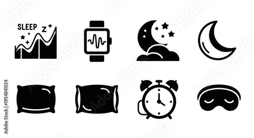 Sleep Icons: Smartwatch, Moon, Pillow, Alarm Clock, Sleep Mask, Graph