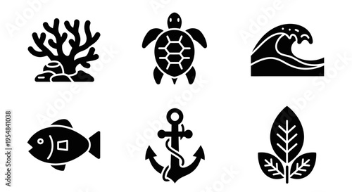 Marine Life Icons Set: Coral, Turtle, Wave, Fish, Anchor, Leaves