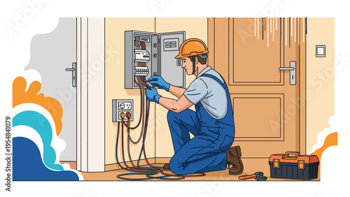 Professional electrician in a hard hat and blue overalls carefully installs wiring in an electrical breaker panel inside a house.