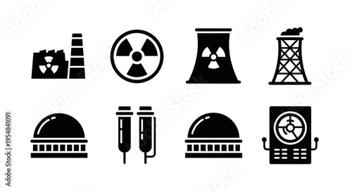 Nuclear Power Plant Icons: Energy, Radiation, Industry, and Technology Symbols