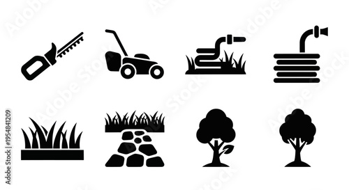 Gardening Tools and Elements Icons Set: Lawn Mower, Hedge Trimmer, Hose, Grass, Path, Trees