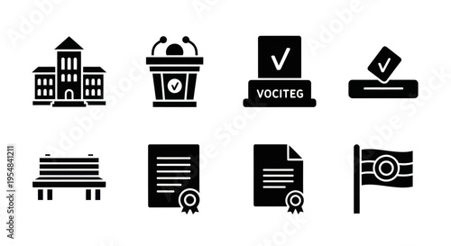 Set of Election and Government Icons: Building, Podium, Ballot Box, Bench, Document, Flag