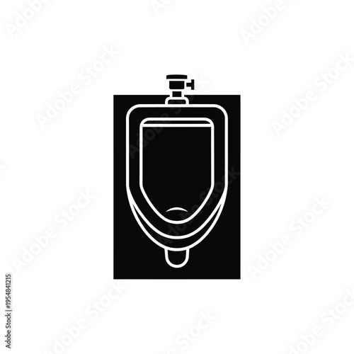 A stark black and white silhouette depicts a public restroom urinal framed by a rectangular background high quality professional
