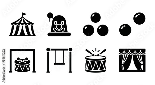 Circus icons collection: tent, clown, juggling balls, swing, drum, stage curtain