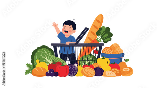 Happy young boy sitting inside a large shopping basket overflowing with a variety of fresh organic vegetables and healthy foods.