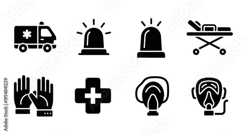 Medical Emergency Icons: Ambulance, Siren, Stretcher, Gloves, Cross, Mask