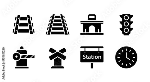 Train Station Icons Set: Rails, Signal, Barrier, Clock, Building, Crossbuck
