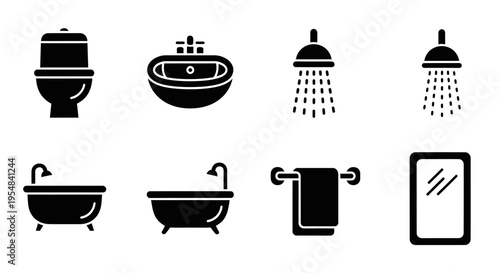 Bathroom Icons Set: Toilet, Sink, Bathtub, Shower, Towel, Mirror