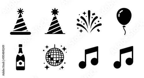 Party Icons: Hat, Balloon, Champagne, Disco Ball, Music Notes, Fireworks