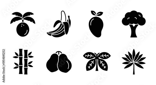 Tropical Fruit and Plant Icons: Coconut Palm, Bananas, Mango, Tree, Bamboo, Pears, Leaves