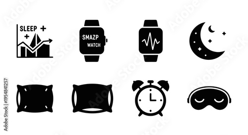 Sleep Tracking Icons: Smartwatch, Pillow, Alarm Clock, Moon, Sleep Mask, Health Graph