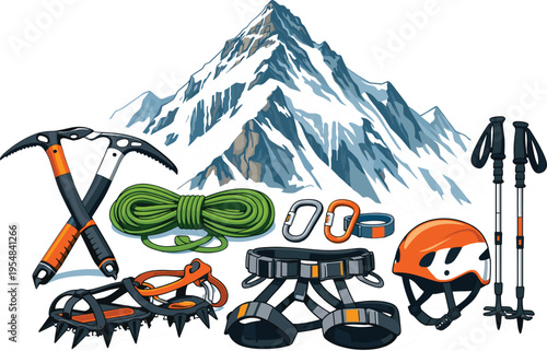 Mountaineering Gear and Climbing Equipment Vector Illustration – Ice Axes, Ropes, Crampons, and Helmet for Outdoor Exploration