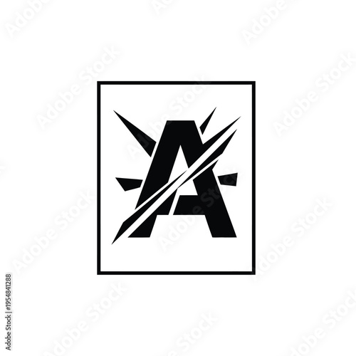 A striking black and white graphic features a bold letter a intersected by dynamic lines and sharp angles