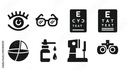 Eye Care Icons: Vision Test, Eyeglasses, Eye Chart, Optometry Equipment
