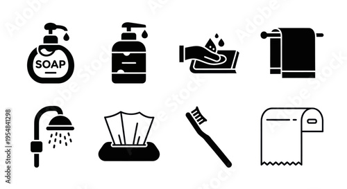 Hygiene icons set: soap, shower, toothbrush, toilet paper, wet wipes