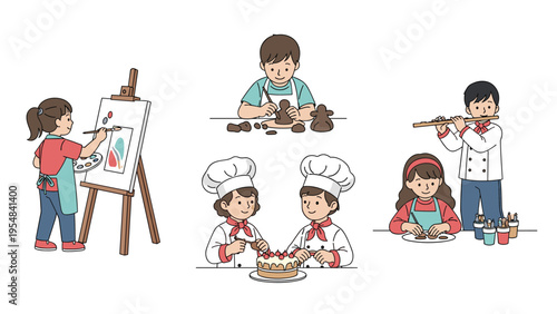 Group of children participating in various artistic activities like painting, pottery, baking a cake, and playing the flute.