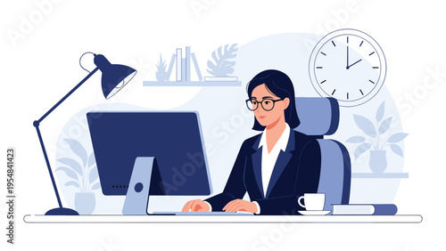 Professional businesswoman with glasses works intently on her computer at a tidy desk in a modern office with a clock.