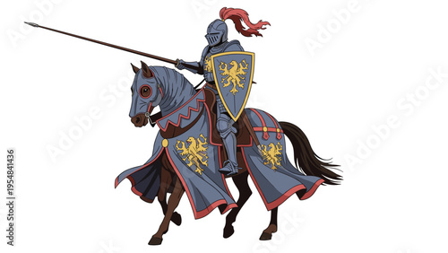 Valiant medieval knight in full steel armor rides a caparisoned warhorse while holding a long lance and a golden shield.