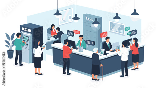 Isometric view of a busy bank interior showing customers at the ATM, waiting in line, and consulting with tellers.