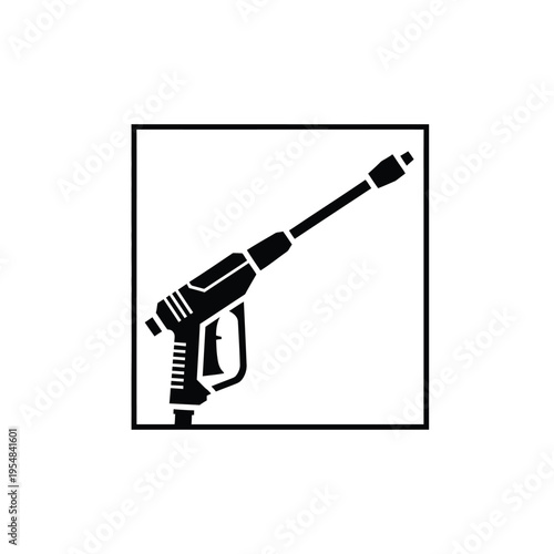 A stark black silhouette depicts a pressure washer tool showcasing its handle and extended spray nozzle