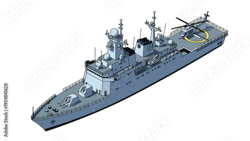 Modern grey naval destroyer ship equipped with radar, turrets, and a helicopter pad navigating through calm blue waters.