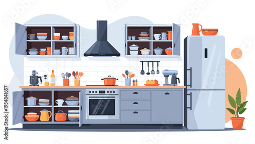 Clean and modern kitchen interior featuring light blue cabinets, a refrigerator, an oven, and various cooking utensils on the counter.