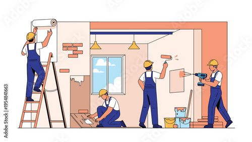 Team of professional construction workers in blue overalls and hard hats painting walls, laying floors, and installing wallpaper in a house.