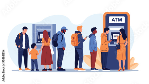 Diverse group of people standing in a long queue and using mobile phones while waiting to use two public ATM machines.