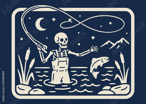 Skeleton fisherman fly fishing under a moonlit night sky illustration