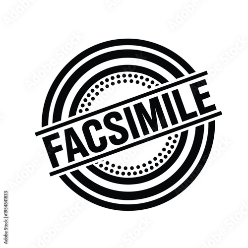 A black and white circular stamp design prominently features the word facsimile in bold capitalized letters