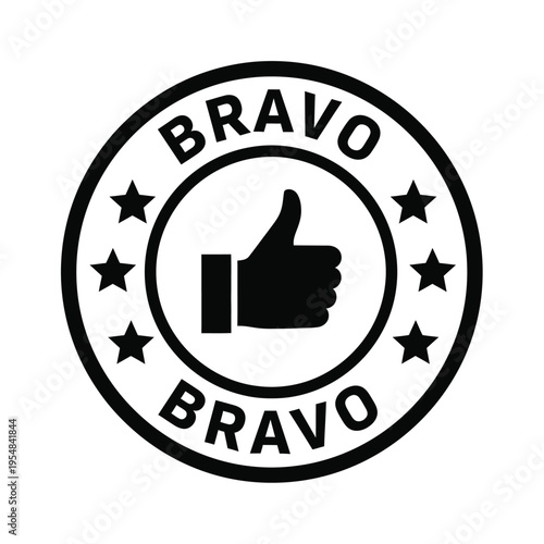 A circular black and white badge displays the word bravo and a hand giving a thumbs up gesture