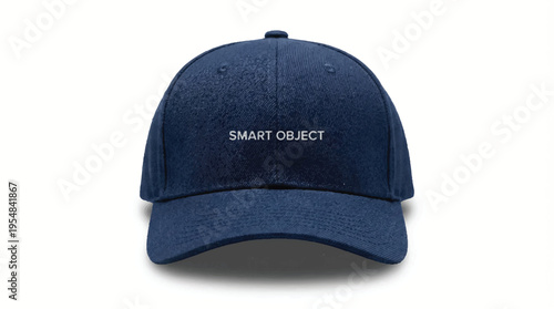 Dark blue baseball cap with textured fabric and white embroidered text 'smart object' with graphic design