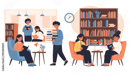 Group of young people reading books while sitting on comfortable armchairs in a quiet and cozy library with many bookshelves.